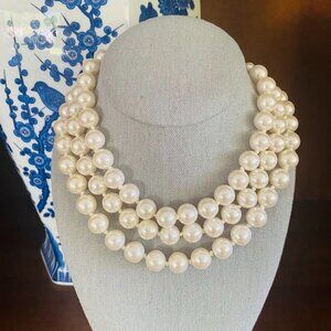 Vintage 3-Strand Jumbo Faux Pearl Revival Statement Necklace Gold-Tone Clasp
